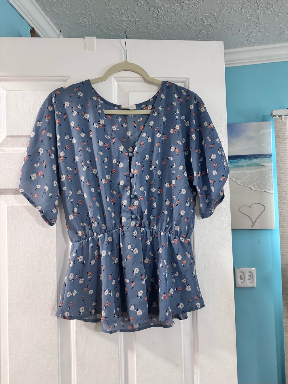 Sienna Sky Blue Floral Button-Peplum Blouse